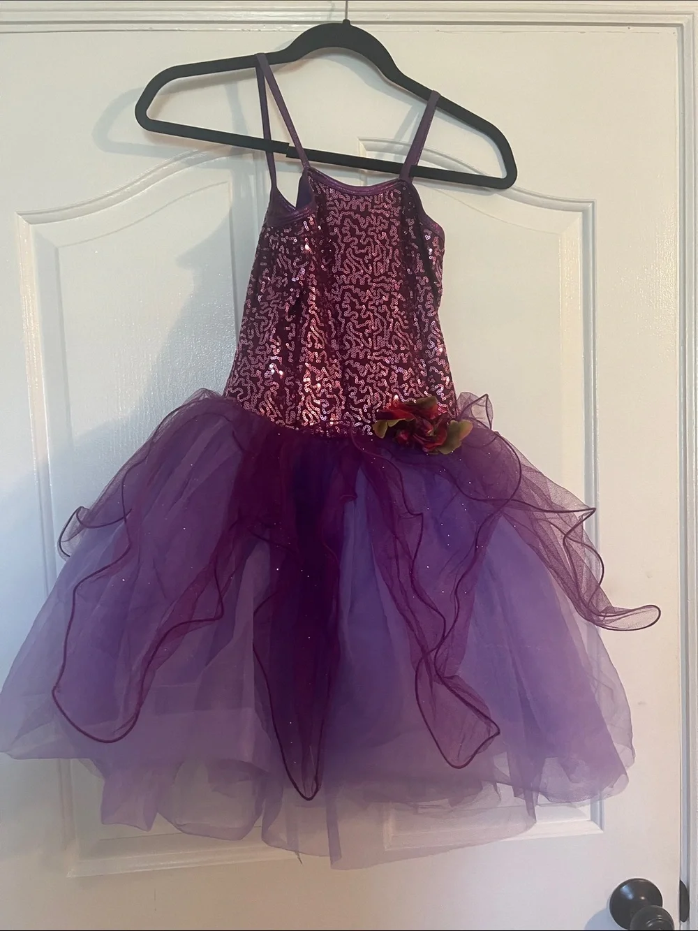 Girls Purple Sequin Tulle Dance Costume with Flower Accent